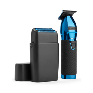 A black electric shaver with a blue accent and a blue and black trimmer.